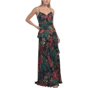 XSCAPE Floral Print Pleated Gown